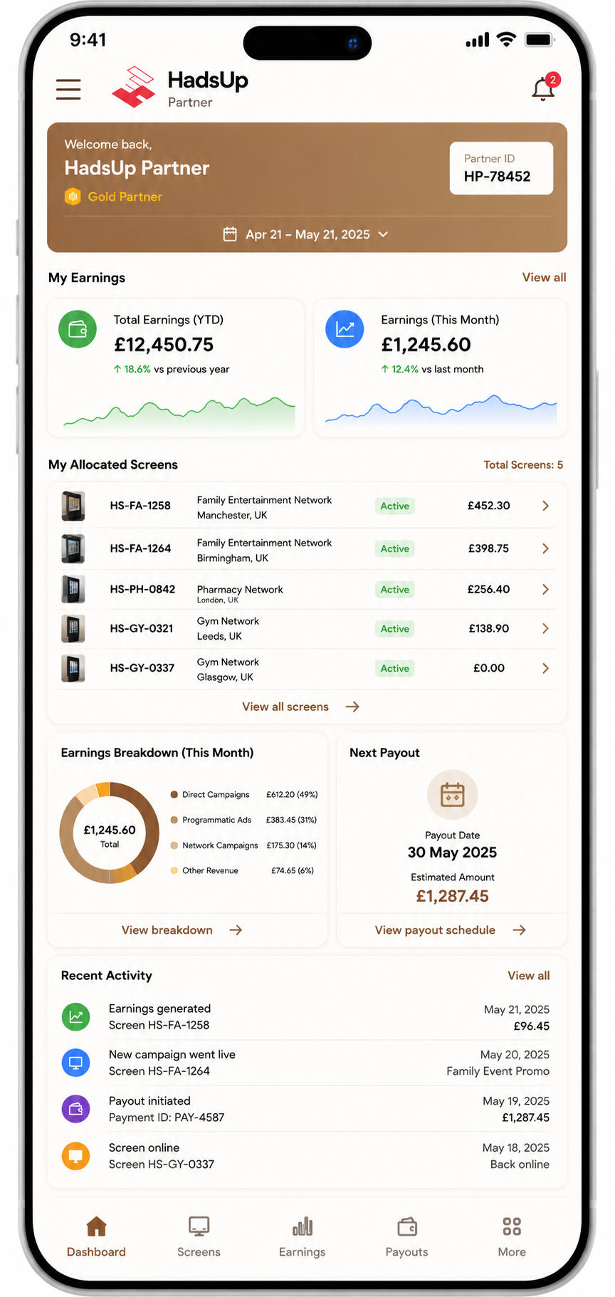 HadsUp Partner Dashboard — mobile view