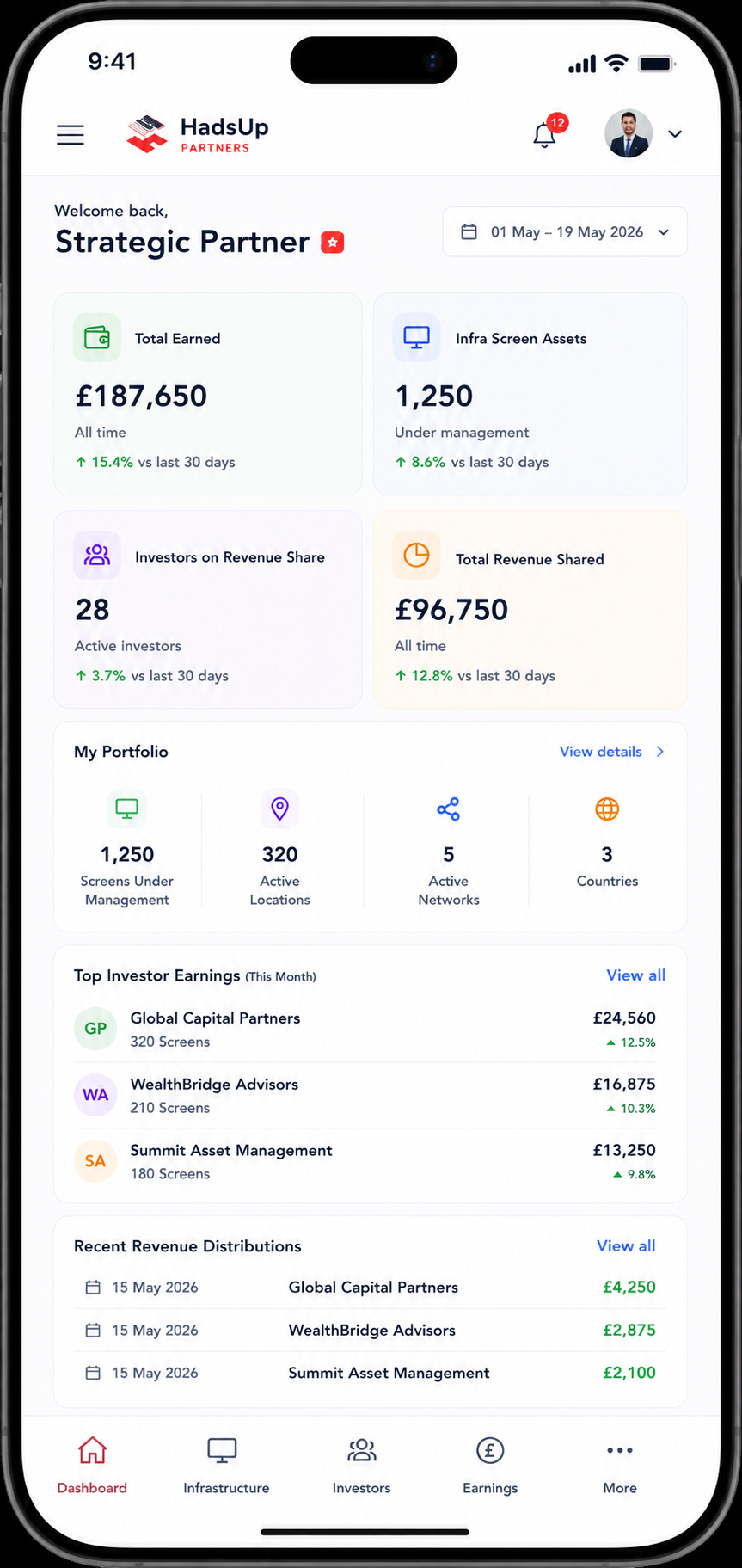 HadsUp Partners Strategic Partner mobile dashboard showing earnings, infrastructure assets, and investor revenue share